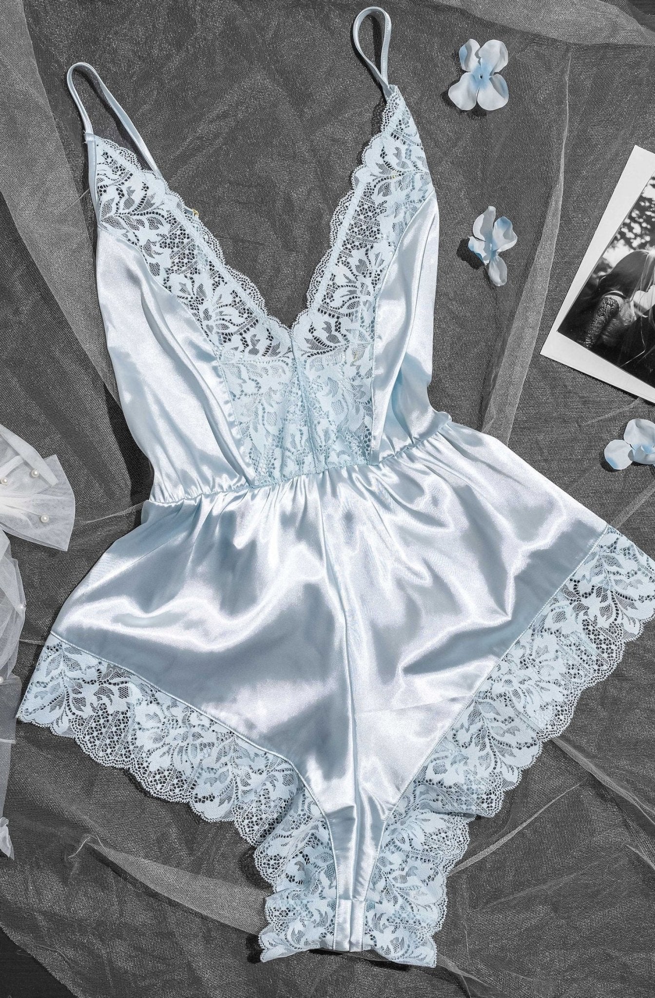 Lacy Plunge Satin Romper - Something Blue - Mentionables