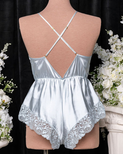 Lacy Plunge Satin Romper - Something Blue - Mentionables