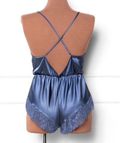 Lacy Plunge Satin Romper - Winter Blue - Mentionables