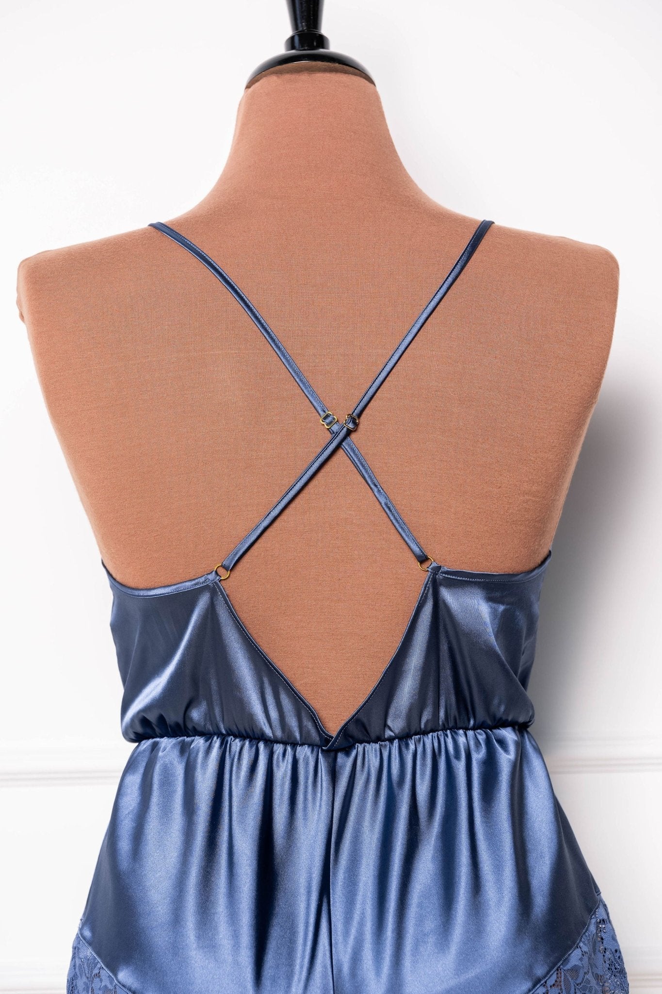 Lacy Plunge Satin Romper - Winter Blue - Mentionables