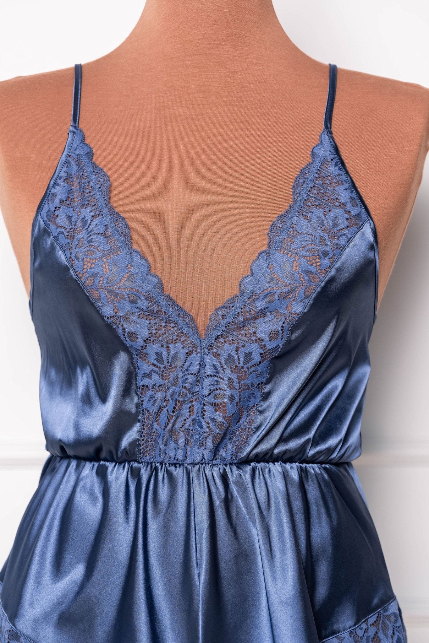 Lacy Plunge Satin Romper - Winter Blue - Mentionables