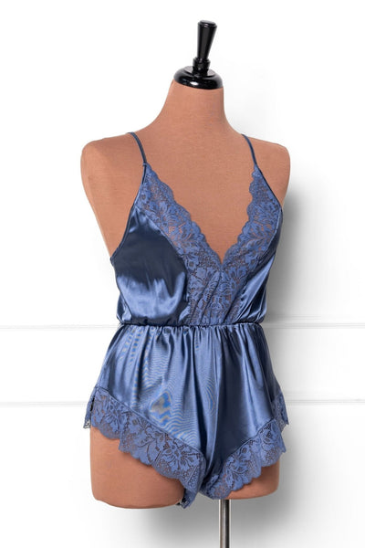 Lacy Plunge Satin Romper - Winter Blue - Mentionables