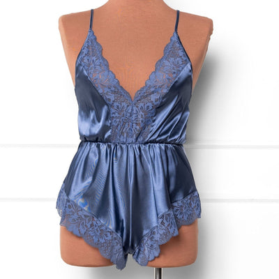 Lacy Plunge Satin Romper - Winter Blue - Mentionables