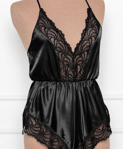 Lacy Plunge Satin Scalloped Romper - Black - Mentionables