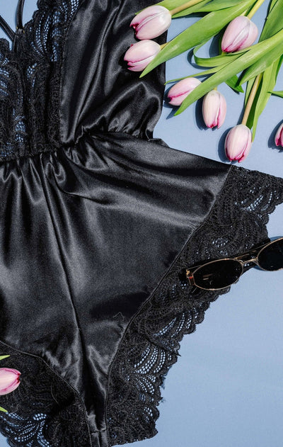 Lacy Plunge Satin Scalloped Romper - Black - Mentionables