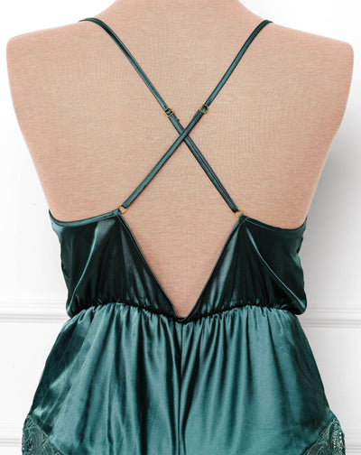 Lacy Plunge Satin Scalloped Romper - Emerald - Mentionables