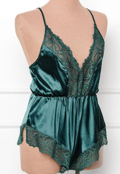 Lacy Plunge Satin Scalloped Romper - Emerald - Mentionables