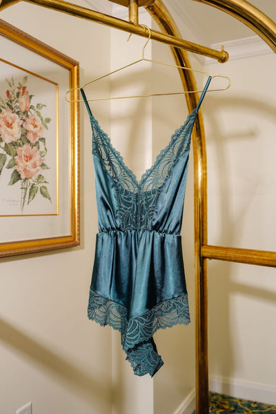 Lacy Plunge Satin Scalloped Romper - Emerald - Mentionables