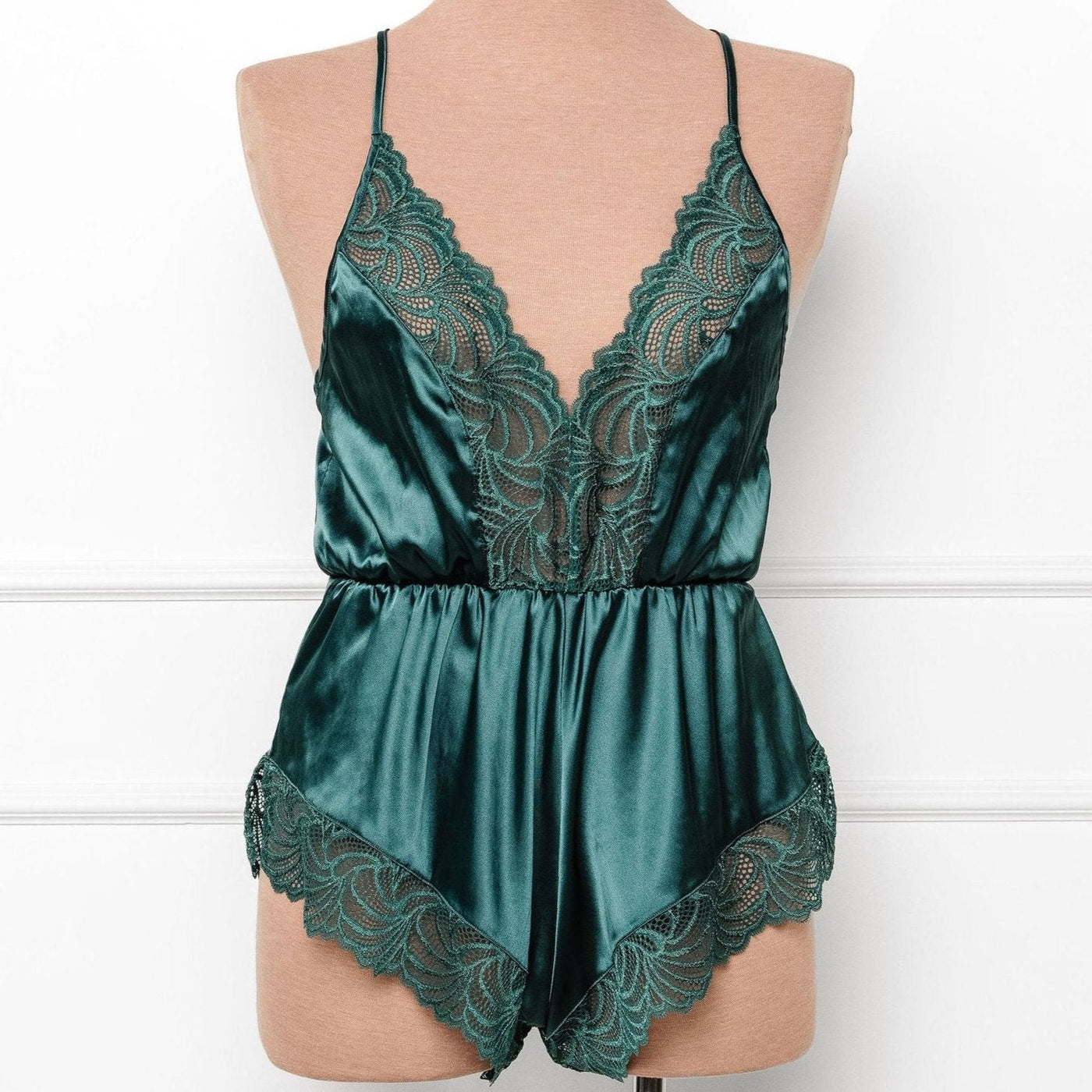 Lacy Plunge Satin Scalloped Romper - Emerald - Mentionables