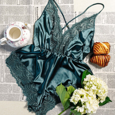 Lacy Plunge Satin Scalloped Romper - Emerald - Mentionables