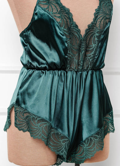 Lacy Plunge Satin Scalloped Romper - Emerald - Mentionables