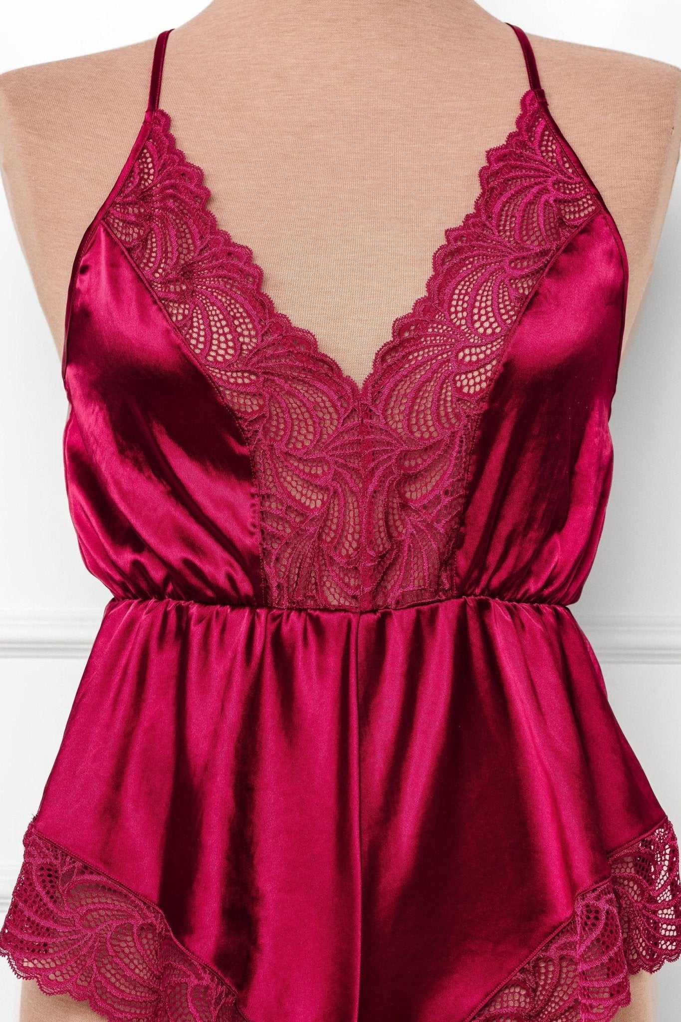 Lacy Plunge Satin Scalloped Romper - Ruby - Mentionables