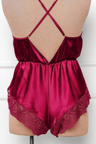 Lacy Plunge Satin Scalloped Romper - Ruby - Mentionables