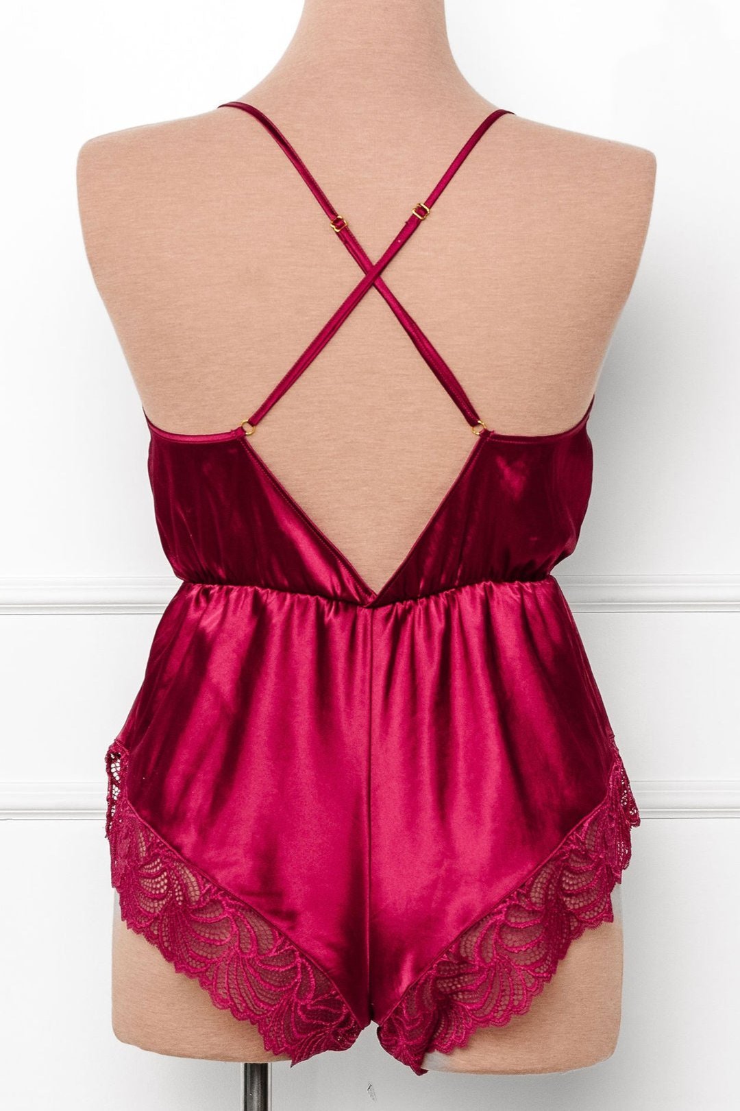 Lacy Plunge Satin Scalloped Romper - Ruby - Mentionables