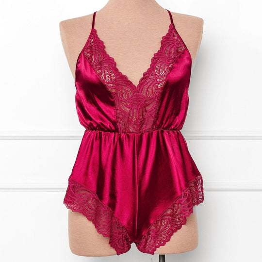 Lacy Plunge Satin Scalloped Romper - Ruby - Mentionables