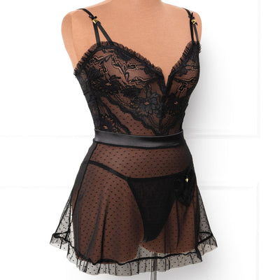 Lacy Ruffle Drop Waist Babydoll - Black - Mentionables