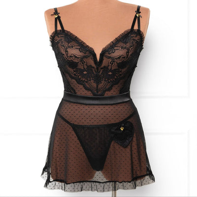 Lacy Ruffle Drop Waist Babydoll - Black - Mentionables