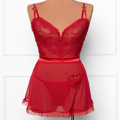 Lacy Ruffle Drop Waist Babydoll - Red - Mentionables