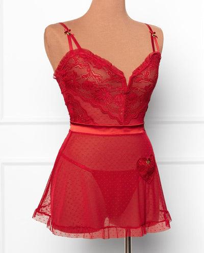 Lacy Ruffle Drop Waist Babydoll - Red - Mentionables