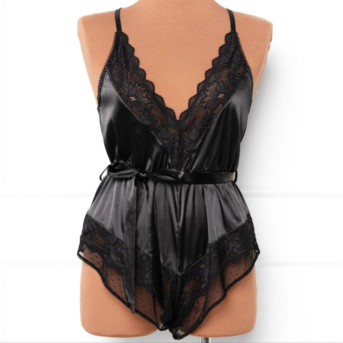 Lacy Satin Bow Romper - Black - Mentionables