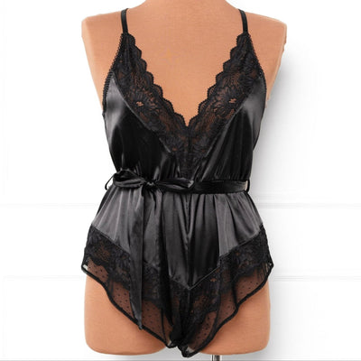 Lacy Satin Bow Romper - Black - Mentionables