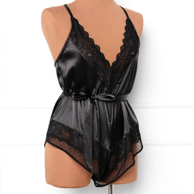 Lacy Satin Bow Romper - Black - Mentionables