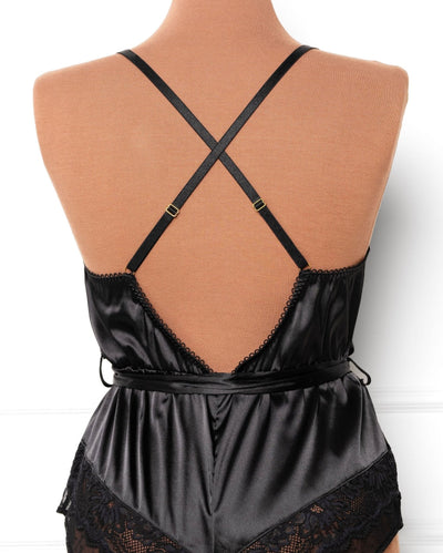 Lacy Satin Bow Romper - Black - Mentionables