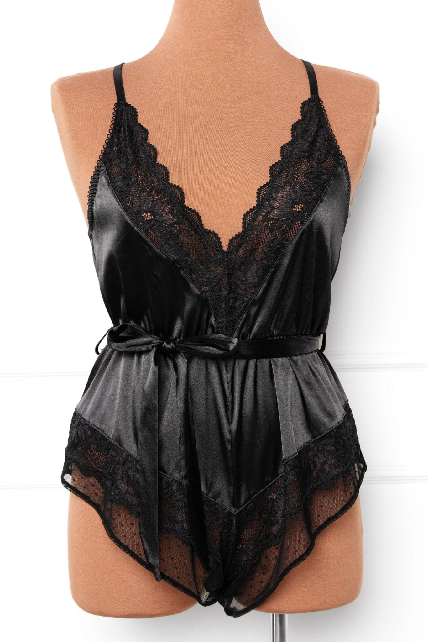 Lacy Satin Bow Romper - Black - Mentionables