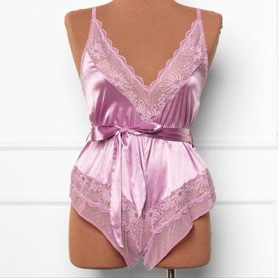 Lacy Satin Bow Romper - Lilac - Mentionables