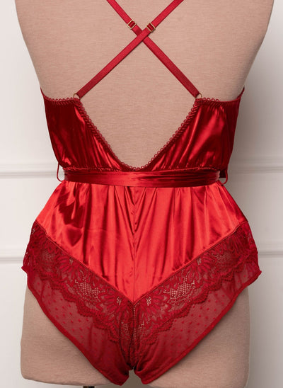 Lacy Satin Bow Romper - Red - Mentionables