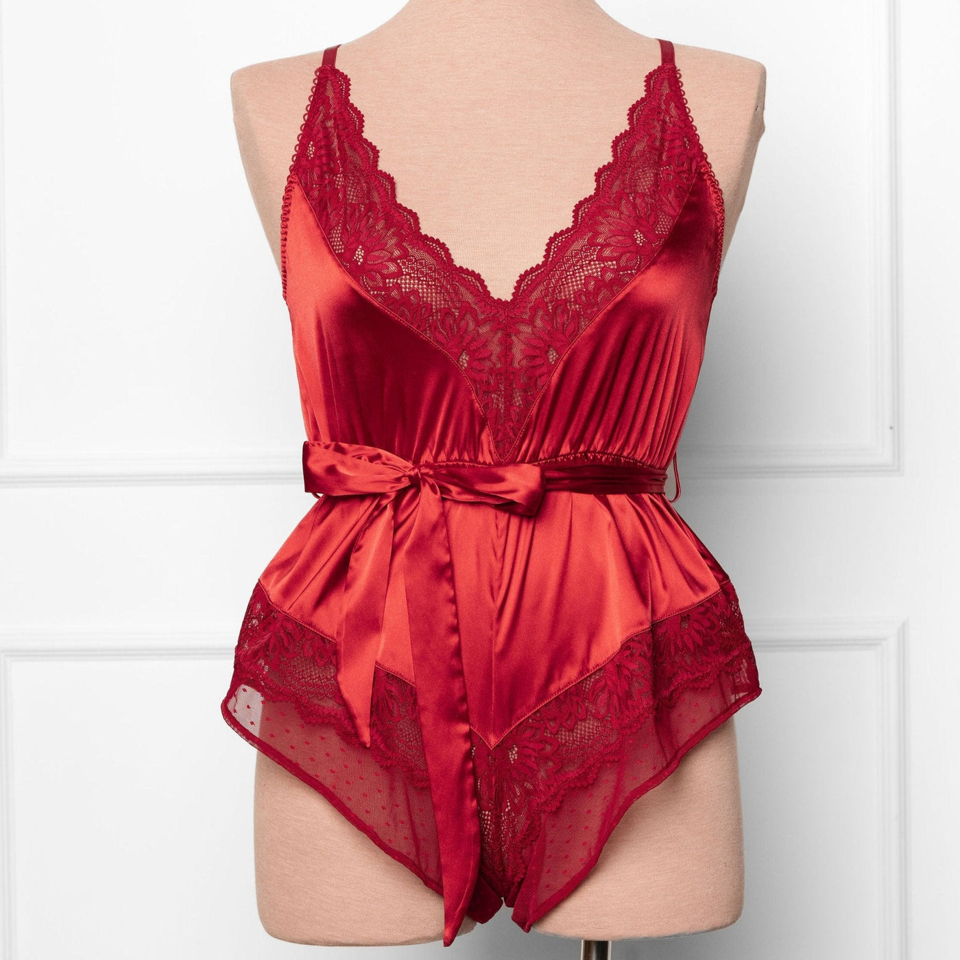 Lacy Satin Bow Romper - Red - Mentionables