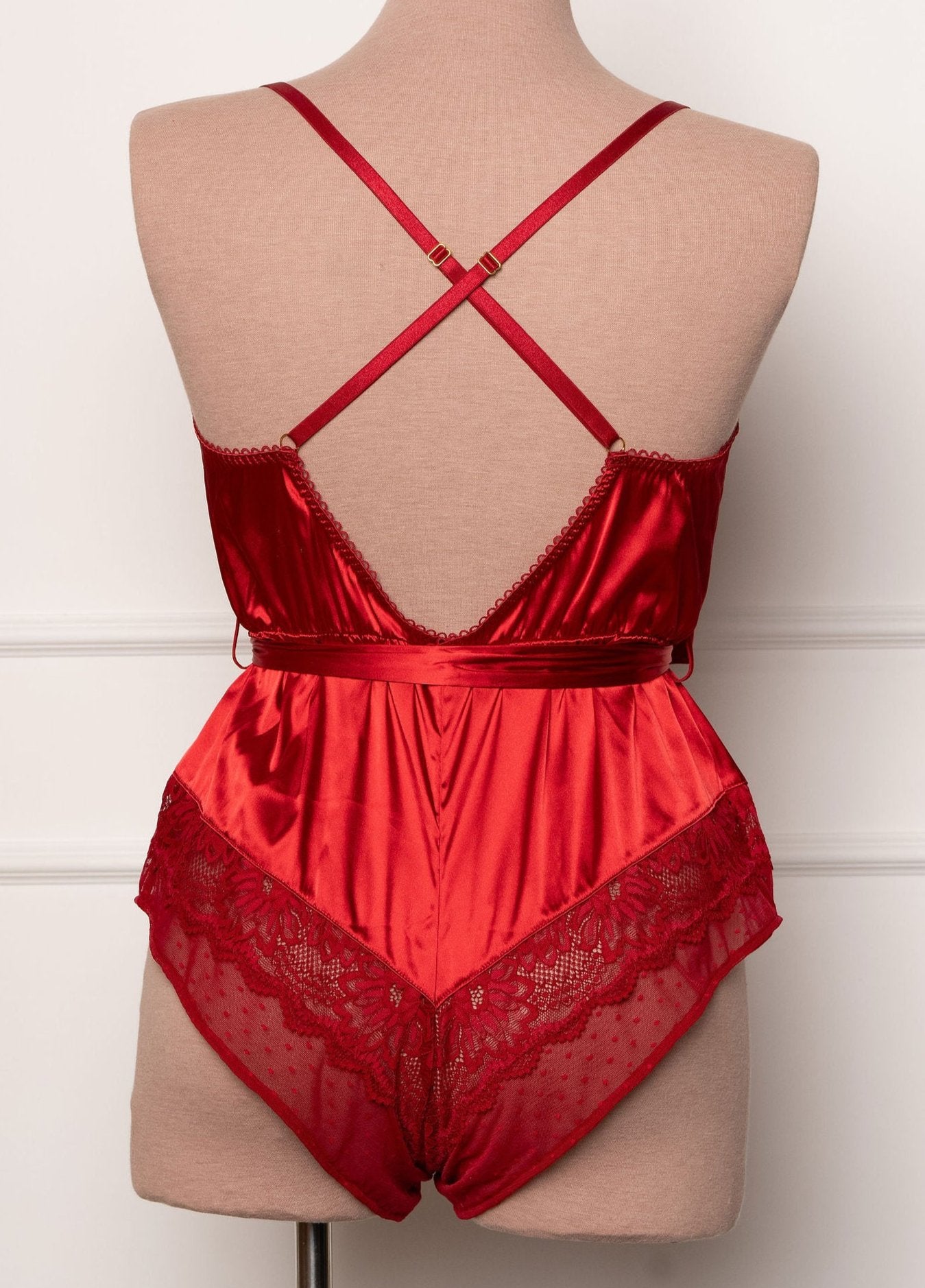 Lacy Satin Bow Romper - Red - Mentionables