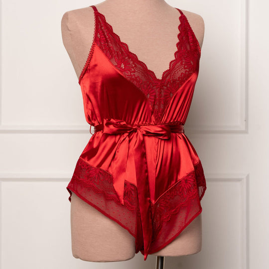 Lacy Satin Bow Romper - Red - Mentionables