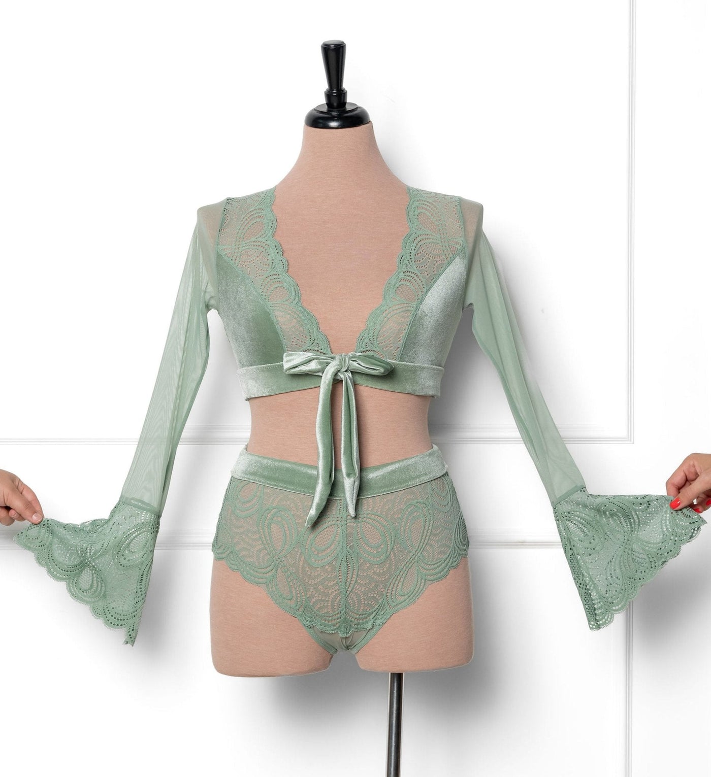 Lacy Velvet Bell Sleeve Bralette - Misty Jade - Mentionables