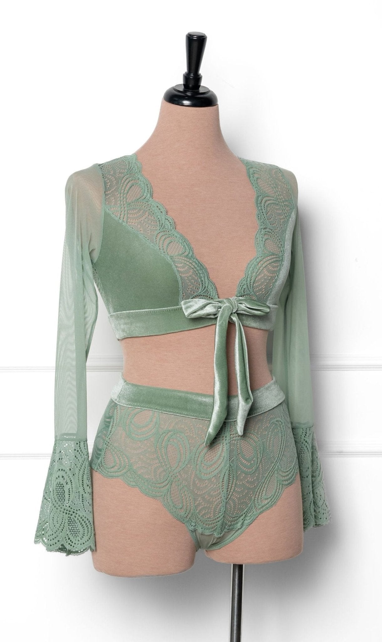 Lacy Velvet Bell Sleeve Bralette - Misty Jade - Mentionables