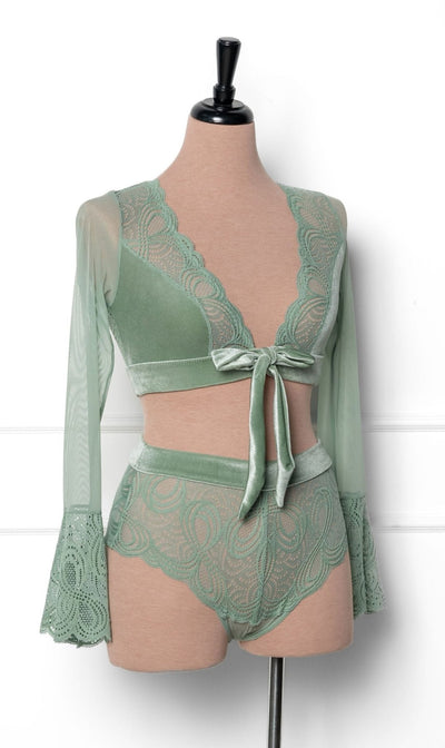 Lacy Velvet Bell Sleeve Bralette - Misty Jade - Mentionables