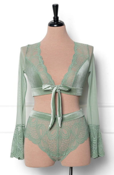 Lacy Velvet Bell Sleeve Bralette - Misty Jade - Mentionables