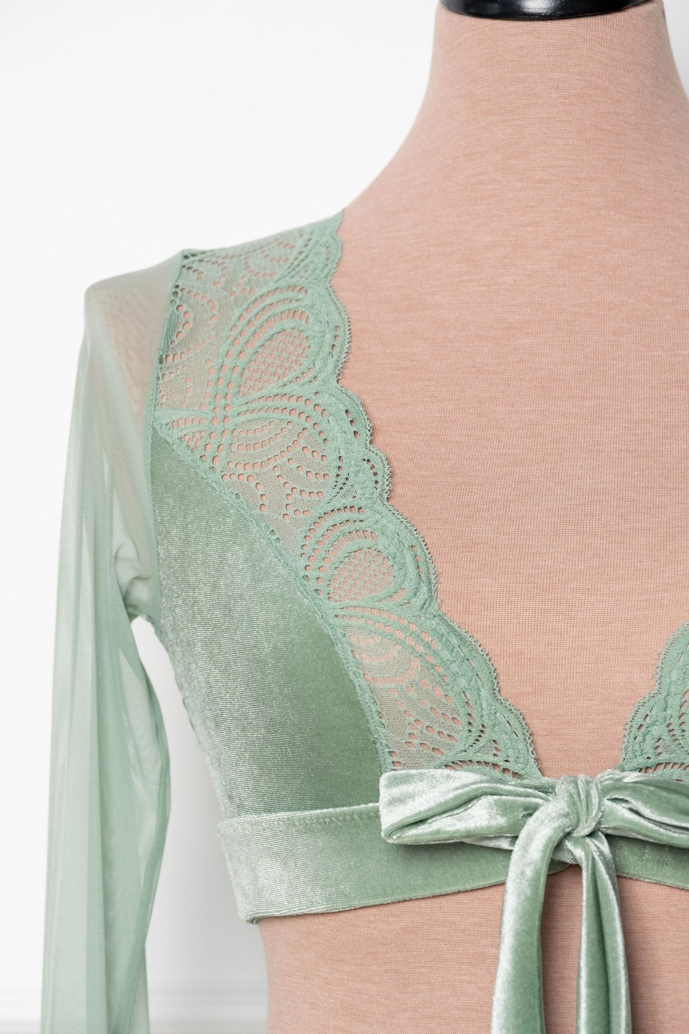 Lacy Velvet Bell Sleeve Bralette - Misty Jade - Mentionables