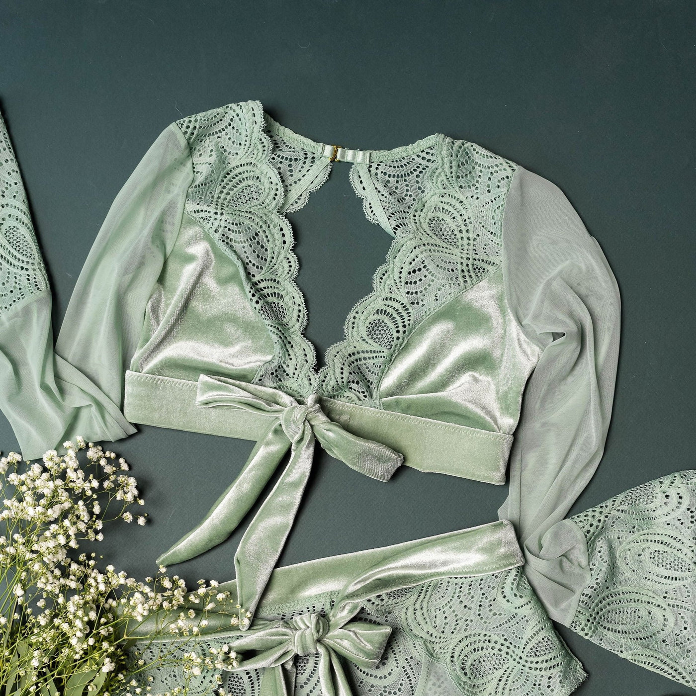 Lacy Velvet Bell Sleeve Bralette - Misty Jade - Mentionables