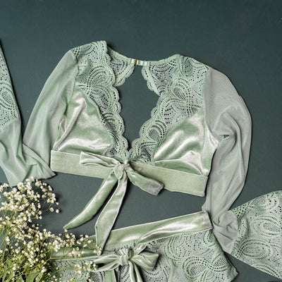 Lacy Velvet Bell Sleeve Bralette - Misty Jade - Mentionables