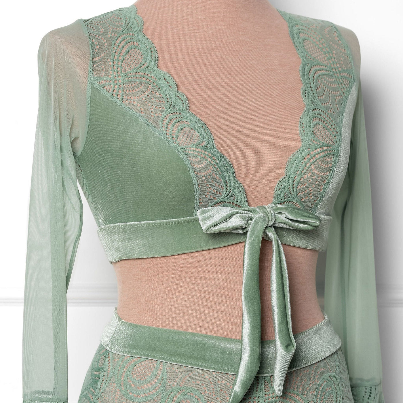 Lacy Velvet Bell Sleeve Bralette - Misty Jade - Mentionables