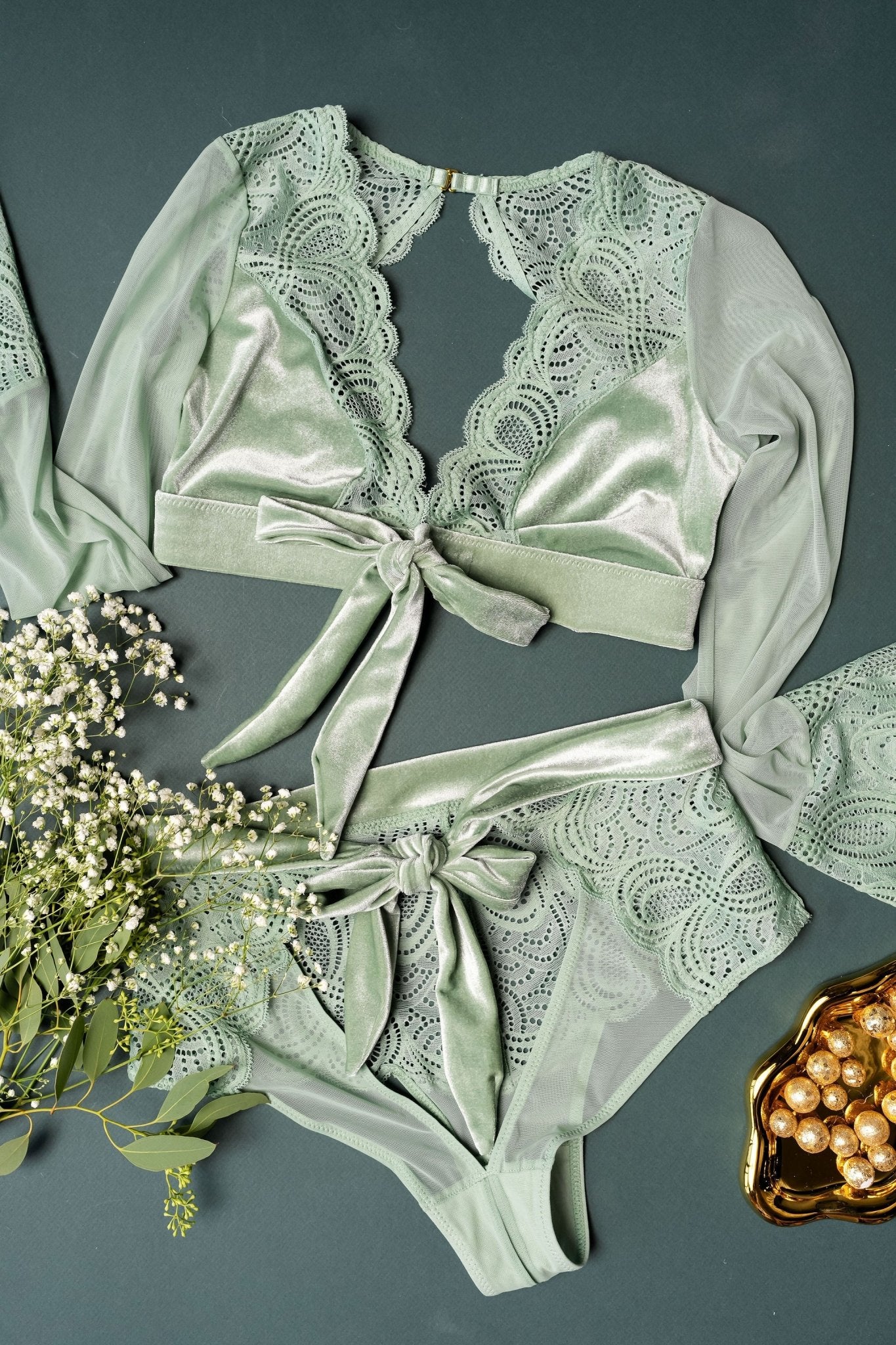 Lacy Velvet Bell Sleeve Bralette - Misty Jade - Mentionables