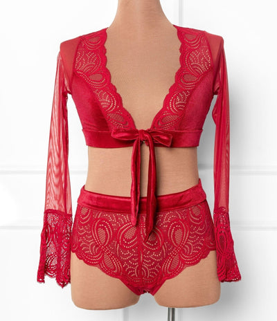 Lacy Velvet Bell Sleeve Bralette - Red - Mentionables