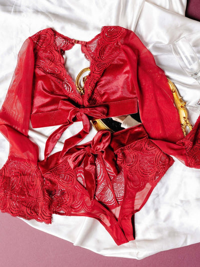 Lacy Velvet Bell Sleeve Bralette - Red - Mentionables