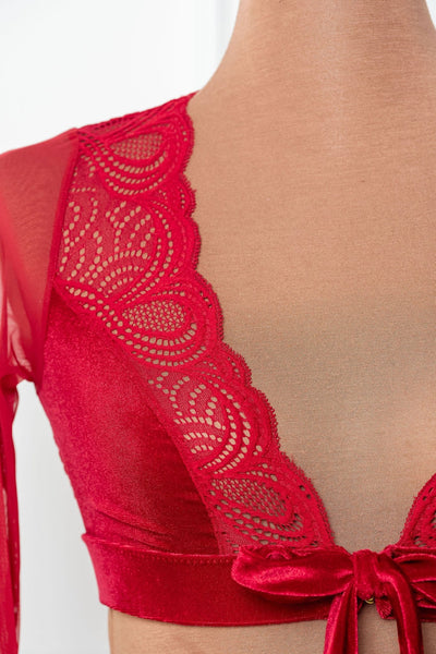 Lacy Velvet Bell Sleeve Bralette - Red - Mentionables