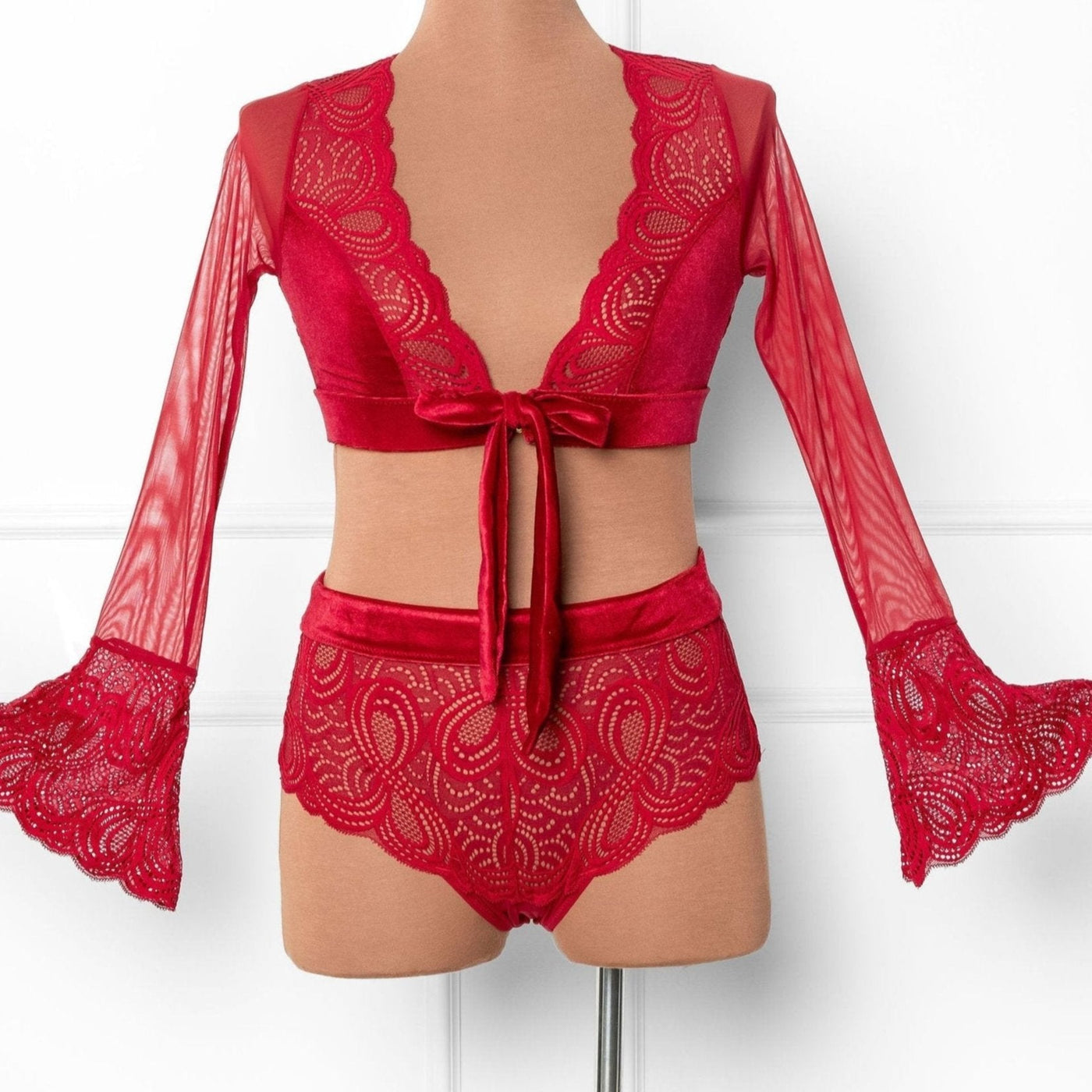 Lacy Velvet Bell Sleeve Bralette - Red - Mentionables