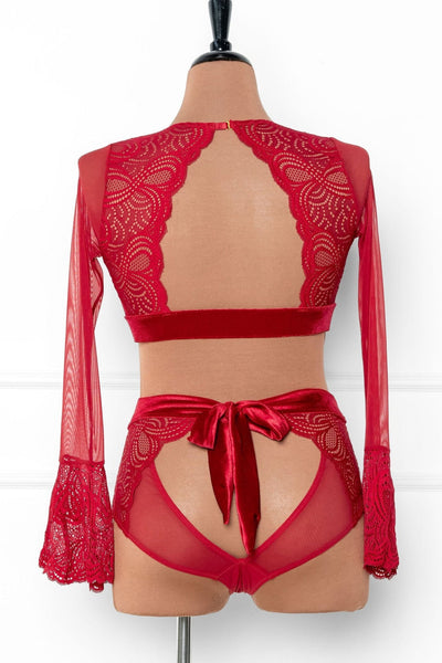 Lacy Velvet Bell Sleeve Bralette - Red - Mentionables