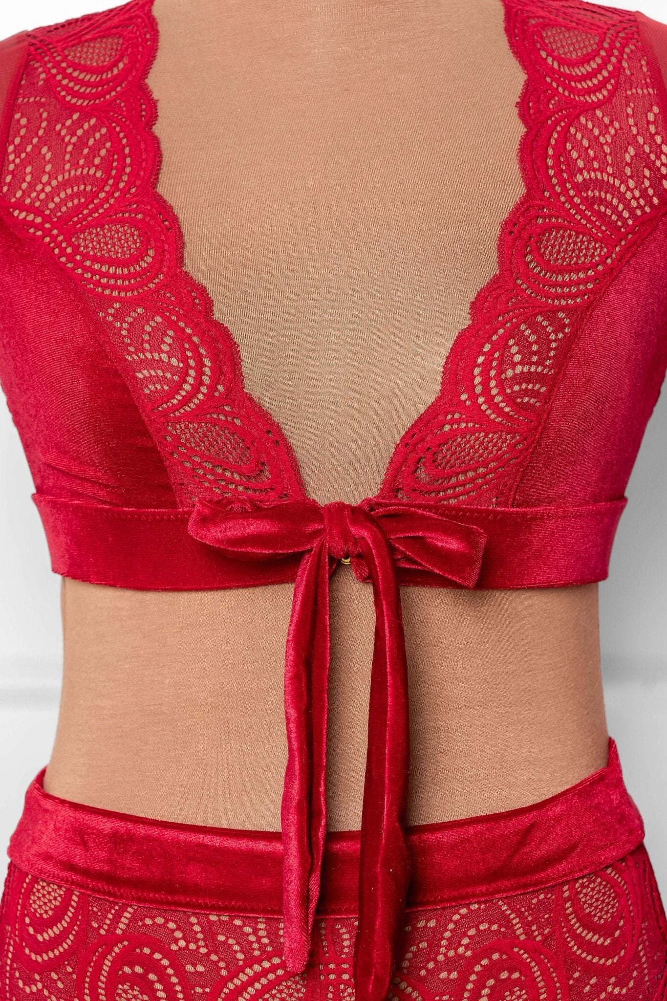 Lacy Velvet Bell Sleeve Bralette - Red - Mentionables