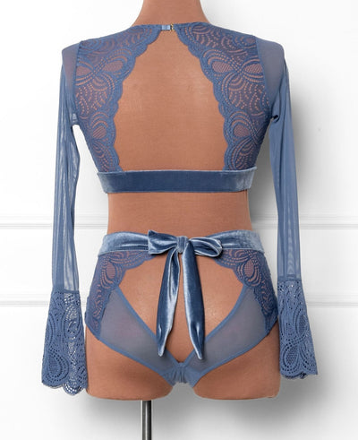 Lacy Velvet Bell Sleeve Bralette - Winter Blue - Mentionables