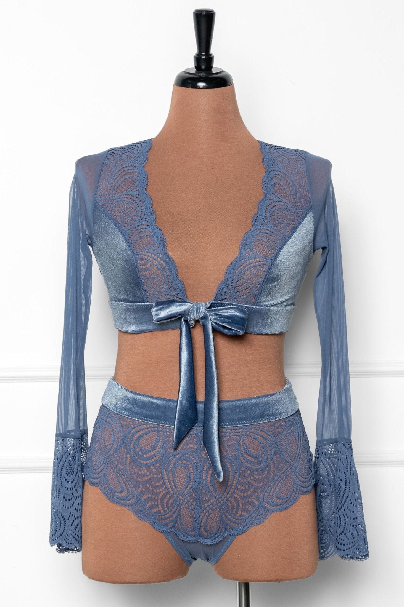 Lacy Velvet Bell Sleeve Bralette - Winter Blue - Mentionables